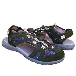 Lands End Suede Fabric Floral Green Bungee Cord Close Toe Women Sport Sandal 9B